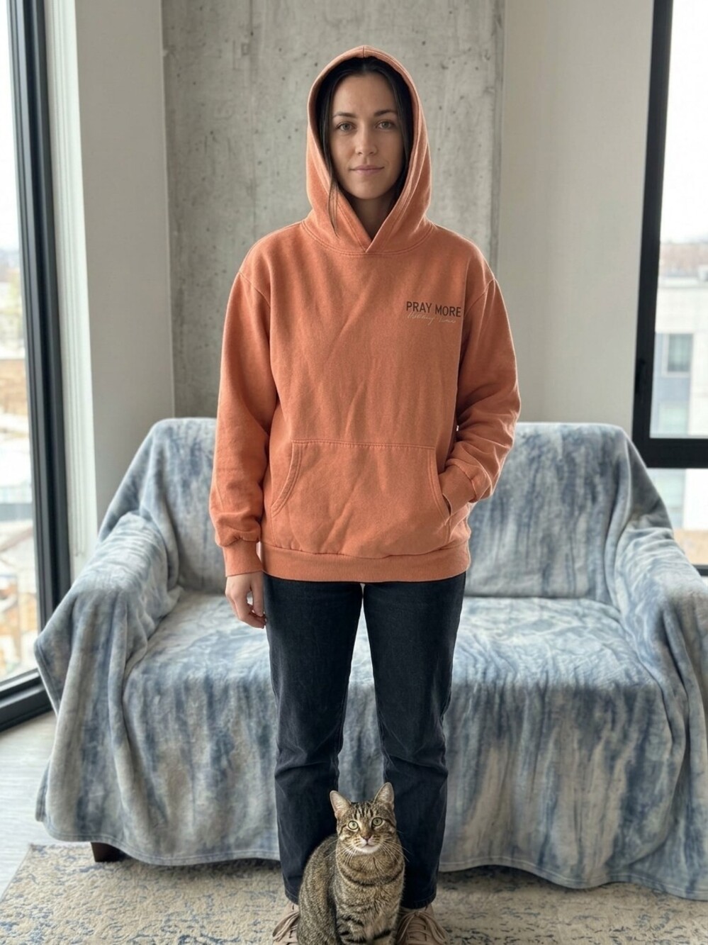 Source Unknown Hooded Sweater Size S Pink Orange Pray More Worry Less